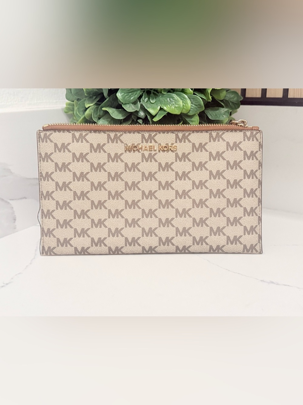 Michael Kors Beige Logo Zip Pouch with Gold Hardware